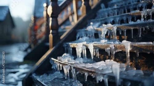 Dangerous icy conditions on a stairway and railing.