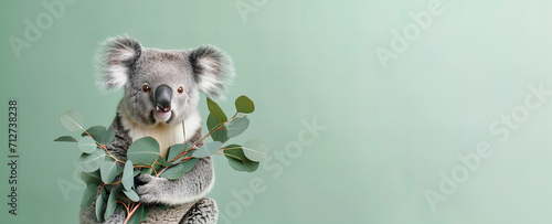 cute koala holds out an eucalyptus isolated on light pastel green background with copy space photo