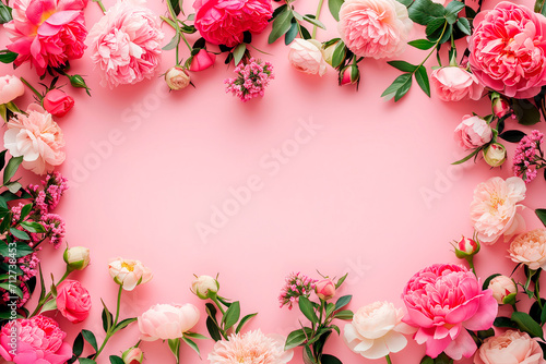 Frame of roses  peonies and ranunculuses on a pastel pink background  copy space pring festive template for International Women s Day  Mother s Day  Valentine s Day  Birthday