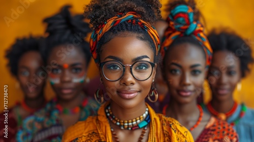 Group of african women in traditional clothing and eyeglasses. photo