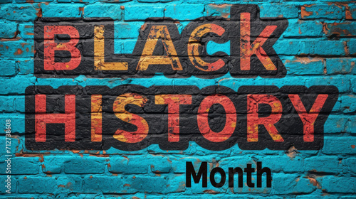 Black History Month text graffiti on blue brick background.
