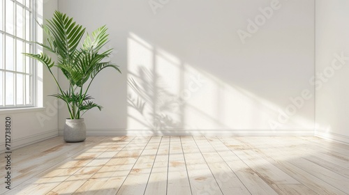 empty white room with a wooden floor and a potted plant generative ai © Kelly