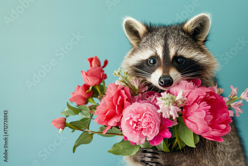 cute raccoon holds out a flowers bouquet ( roses, peonies , ranunculuses ) isolated on light pastel blue background with copy space.