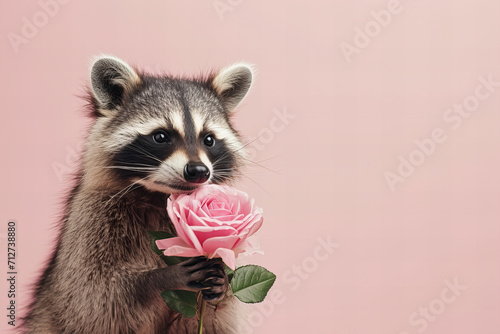 raccoon holds out a pink rose isolated on light pastel pink background with copy space © ALL YOU NEED studio