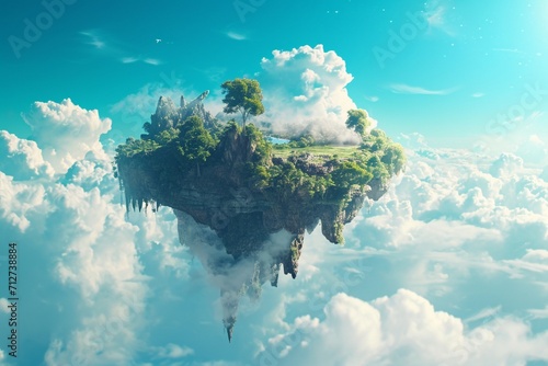 A Fantasy-inspired Floating Island with a Modern Twist, Overlooking a Scenic Blue Sky and Clouds Background © Shami