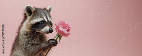 raccoon holds out a pink rose isolated on light pastel pink background with copy space