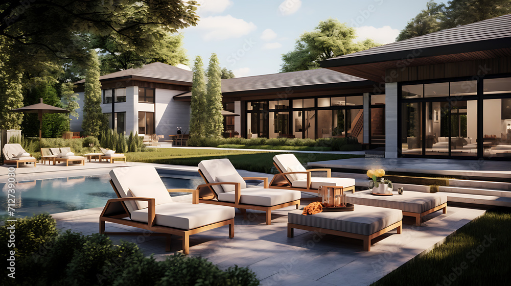 An expansive backyard with a stylish outdoor lounge area, a sparkling pool, and modern landscaping. The outdoor space is designed for relaxation and entertainment, with comfortable furniture and chic 