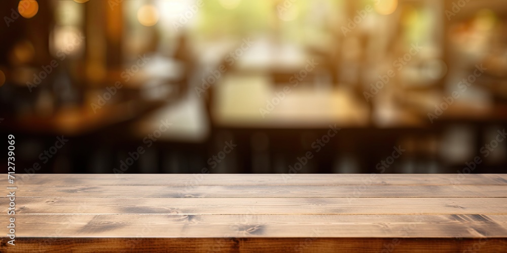 Empty brown wooden table with blurred coffee shop background, perfect for photomontage or product display.