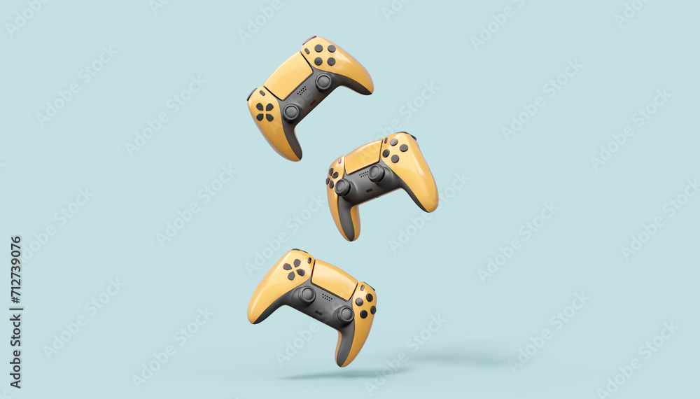 Realistic yellow video game joysticks or gamepads on grey background Realistic yellow video game joysticks or gamepads on grey background