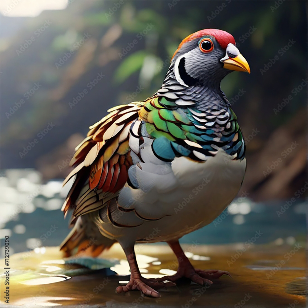 A colorful partridge standing near water A colorful partridge standing near water