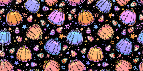 Vector seamless background. Pattern of colorful cute drawn pumpkins and candies. Halloween motif