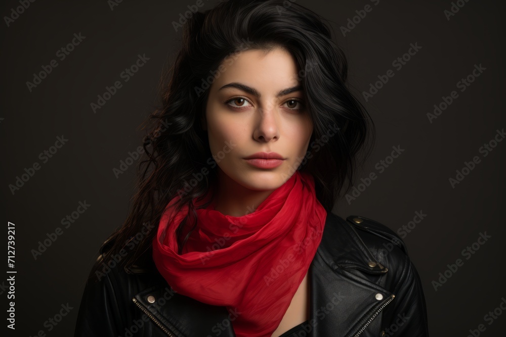Portrait of a beautiful brunette woman in black leather jacket and red scarf.
