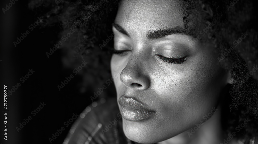 Serious african american woman with closed eyes. Black and white close up portrait. Serious african american woman with closed eyes. Black and white close up portrait.