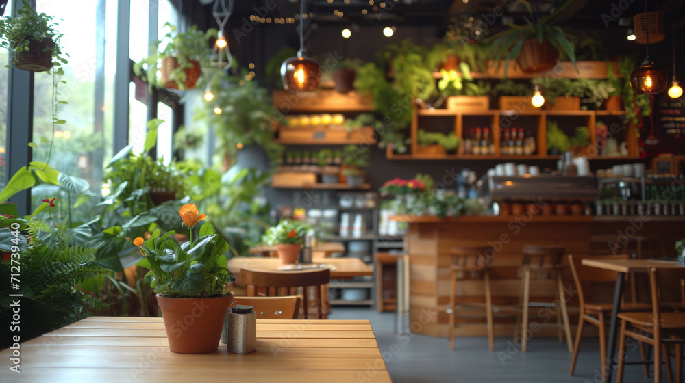 Alternative café with plants and wooden furniture Alternative café with plants and wooden furniture