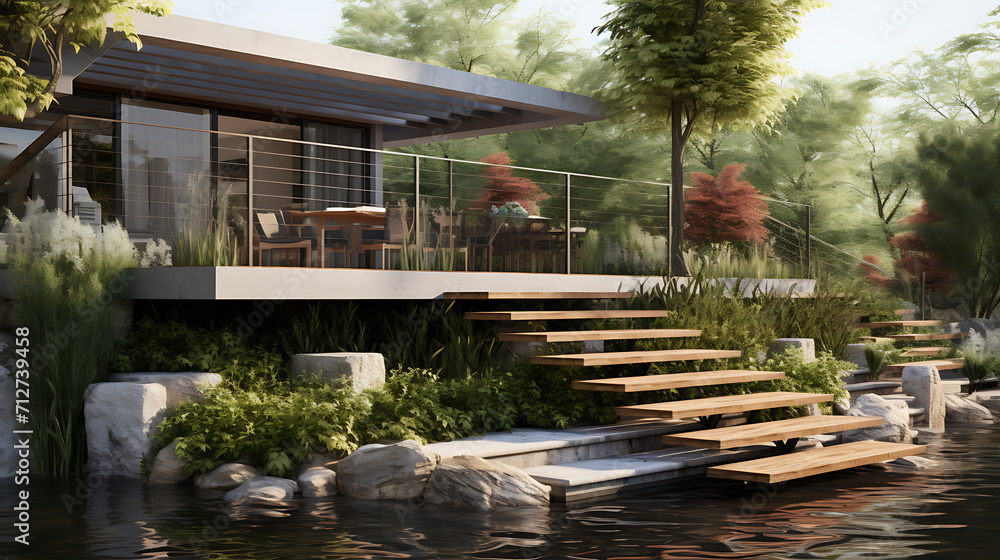  An outdoor floating staircase with metal steps and a cable railing, seamlessly integrating with the natural surroundings. The design offers a modern and open connection between different levels of an