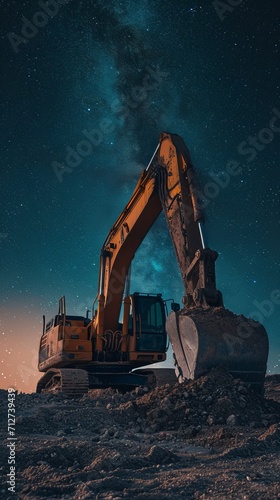 Excavator Operating in Field Under Night Sky