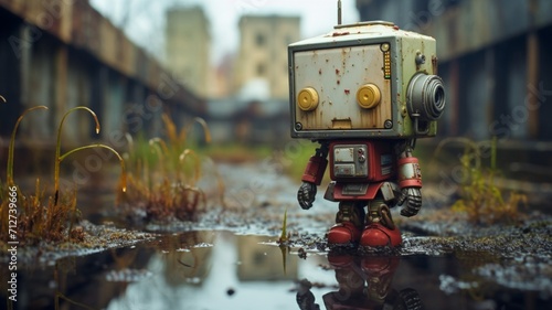 A saddened robot, weathered and worn, gazing at its own reflection in a pool of rainwater amidst the ruins of a factory -Generative Ai
