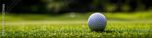 Close up of a golf ball on the green grass. Banner