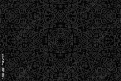 Embossed black background, tribal cover design. Handmade, boho, doodle, zentagle. Geometric ethnic original 3D pattern. Ornaments, arabesques of the East, Asia, India, Mexico, Aztec, Peru.