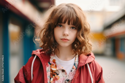 Portrait of a beautiful girl with curly hair on the street.