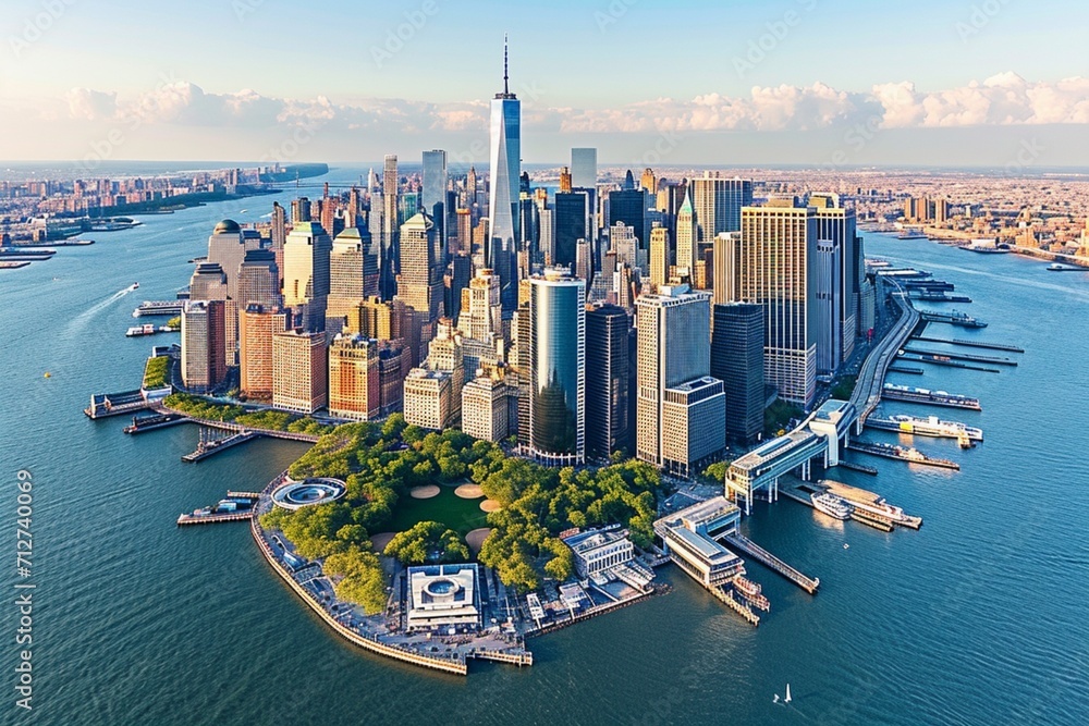 Aerial Photo of Manhattan Island with Office and Apartment Buildings. Hudson River Scenery with Yachts, Boats, One World Trade Center Skyscraper in the Middle of Skyline - obrazy, fototapety, plakaty 