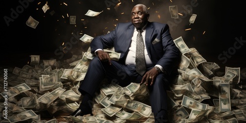 Billionaire on Huge Pile of Banknotes Rich and Prosperity Comeliness