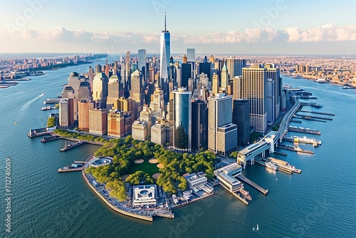 Aerial Photo of Manhattan Island with Office and Apartment Buildings. Hudson River Scenery with Yachts, Boats, One World Trade Center Skyscraper in the Middle of Skyline #712740069