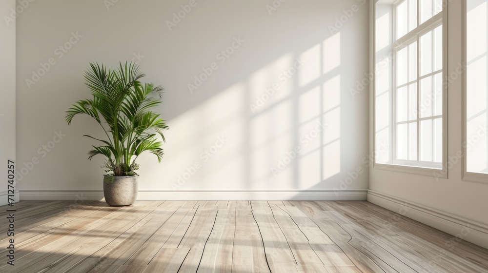 empty white room with a wooden floor and a potted plant generative ai empty white room with a wooden floor and a potted plant generative ai
