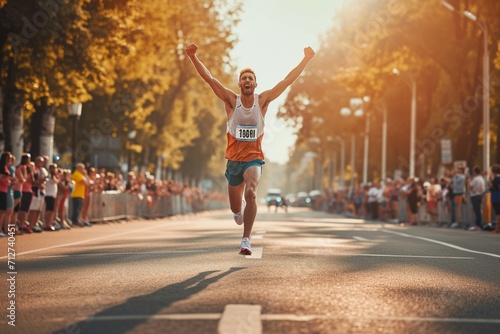 Athletic Young Man Crossing the Finish Line in a City Marathon During the Day. Resilient Winning Runner Celebrating While his Family and Friends Cheer for him in the Audience