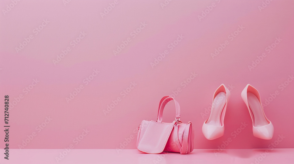Plastic toy legs with high heels and little bag on pastel pink background. Generative Ai