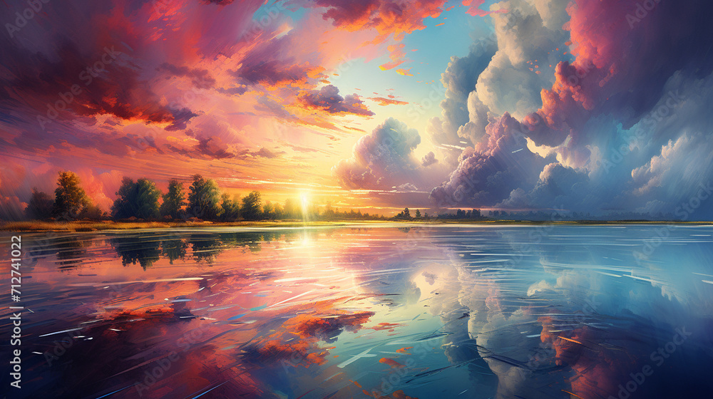 Spectral Clouds. Escape to Reality series. Arrangement of surreal sunset sunrise colors and textures on the subject of landscape painting , Generate AI - obrazy, fototapety, plakaty 