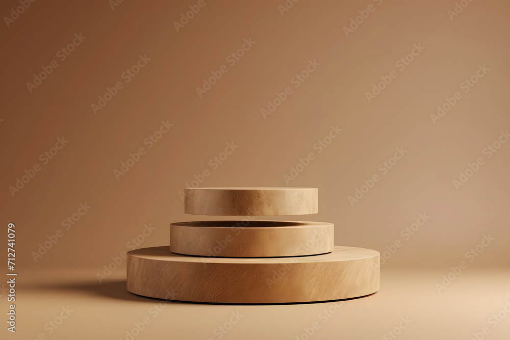 Holzpodium der Eleganz: Leeres Podium mit Holzstruktur für stilvolle Produktpräsentationen auf neutralem Hintergrund Holzpodium der Eleganz: Leeres Podium mit Holzstruktur für stilvolle Produktpräsentationen auf neutralem Hintergrund