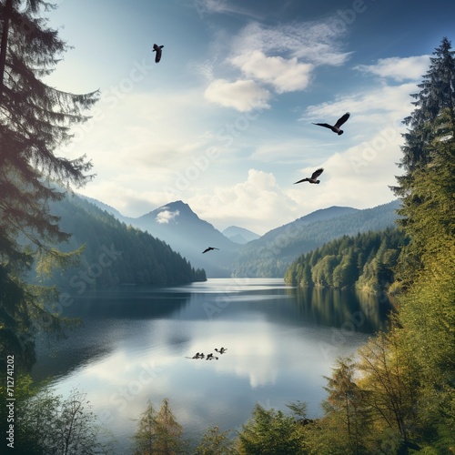 Mountain lake with flying birds and ducks in the water © duyina1990