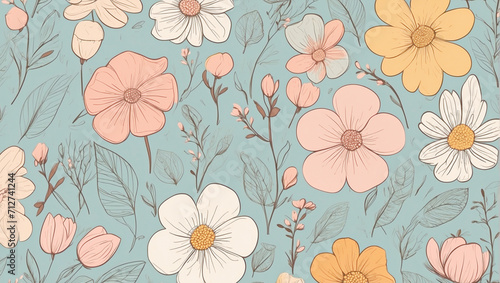 Illustrated seamless background of Spring flowers on a blue background.