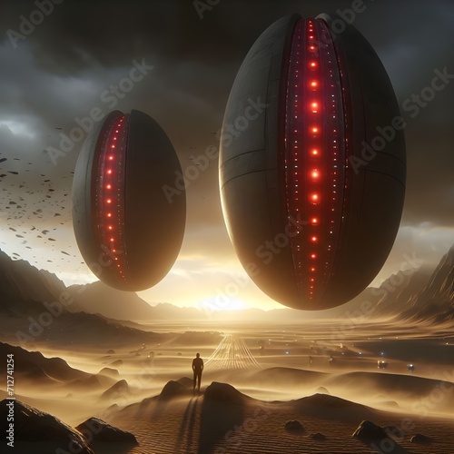 A desert, oval stone spaceships vertically dark in color. 