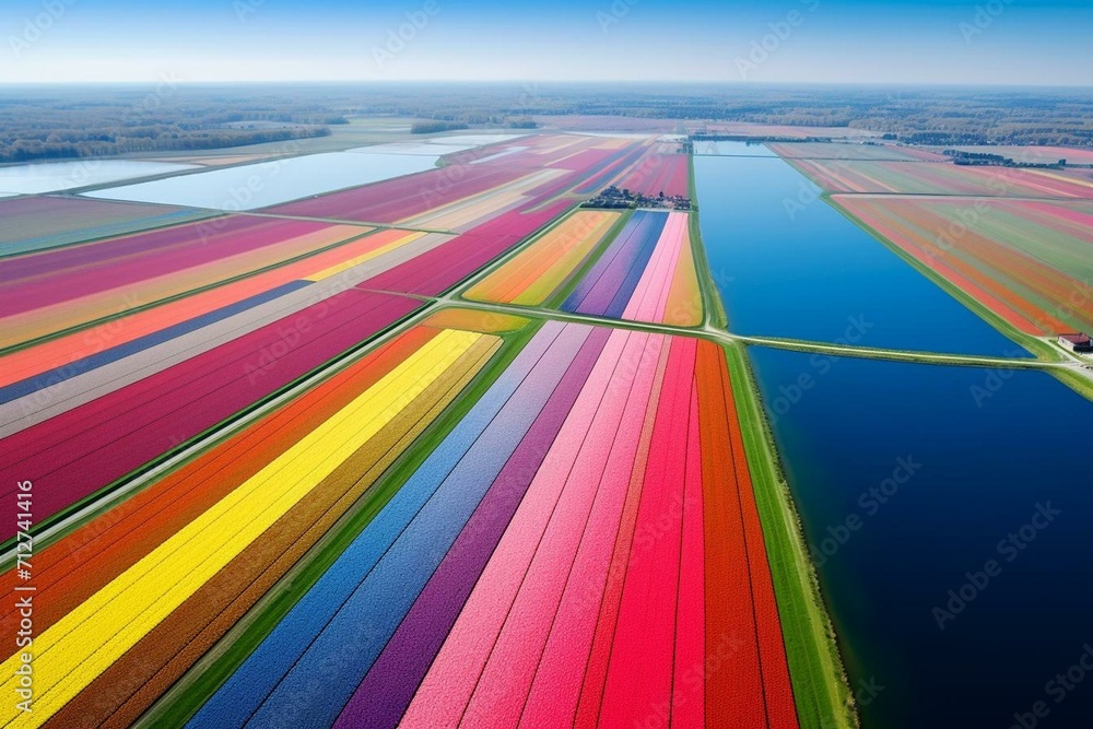 Beautiful tulip fields in Zuid-Holland, Netherlands. Generative AI - obrazy, fototapety, plakaty 