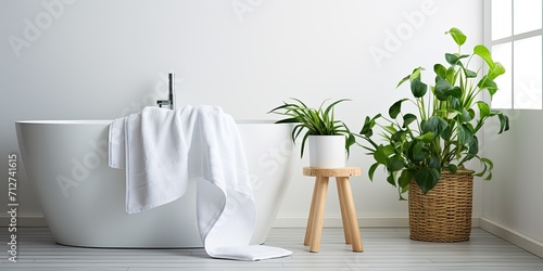 Botanical style bathroom with white bath and towel on stool. photo