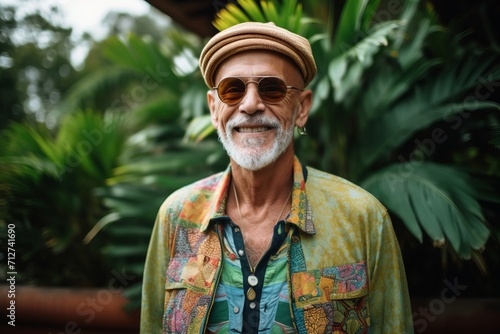 Portrait of a senior man wearing sunglasses and a hat in the garden.