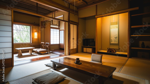 Bonsai tree on cabinet wooden on wall room zen style. Generative Ai