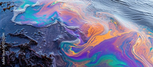 The vibrant hues of an oil spill by a lake. photo