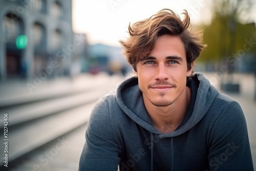 Portrait of handsome young man in urban background. Looking at camera.