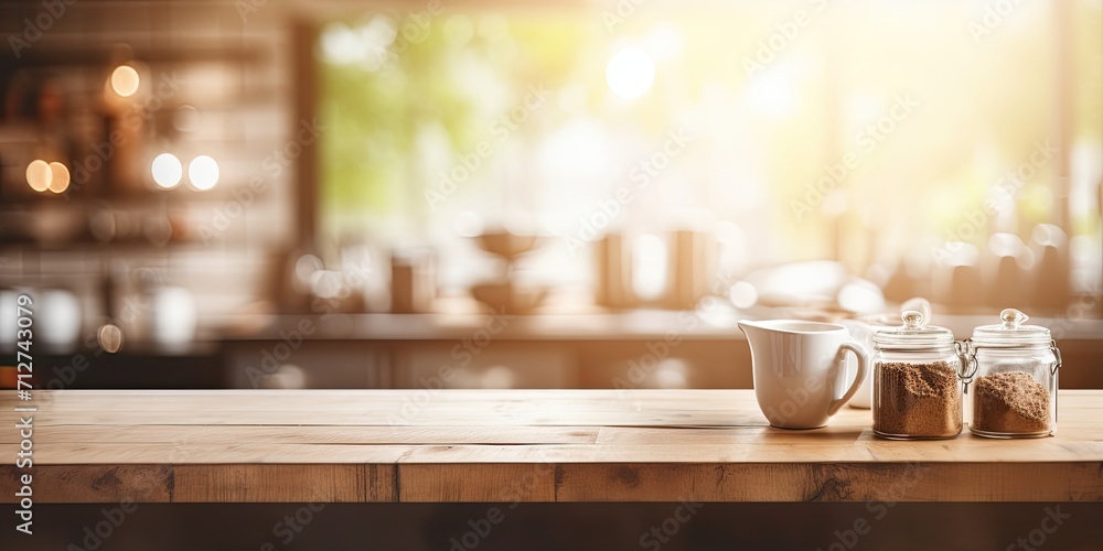 Blurred defocused background with daylight flare bokeh showcasing a product display in a brown wooden kitchen interior. Blurred defocused background with daylight flare bokeh showcasing a product display in a brown wooden kitchen interior.