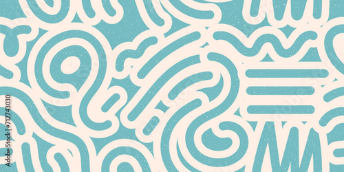 Seamless geometric pattern with lines with bold stroke. Minimalist retro style texture with grainy effect. 80s style geometric collage. Simple vector pattern. Circles, waves, curves