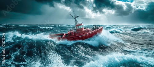 Red lifeboat sailing in cold waves. photo