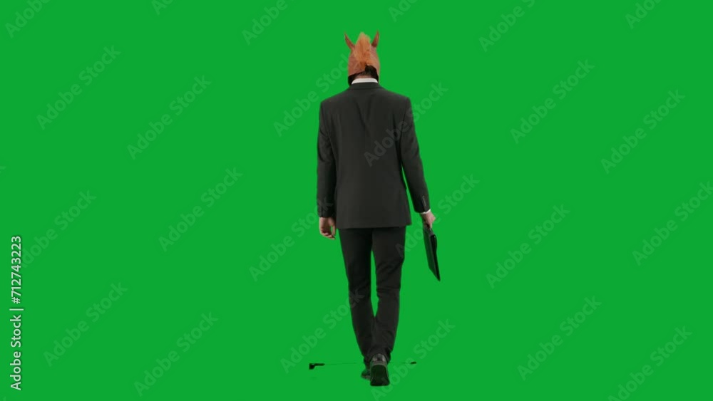 Man in business suit with horse head mask on green studio background. Businessman walking with black suitcase in his hands. Hard office work concept. Back view. Man in business suit with horse head mask on green studio background. Businessman walking with black suitcase in his hands. Hard office work concept. Back view.