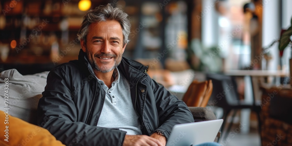 Confident entrepreneur, immersed in modern technology, exudes success and happiness in a professional setting. Confident entrepreneur, immersed in modern technology, exudes success and happiness in a professional setting.