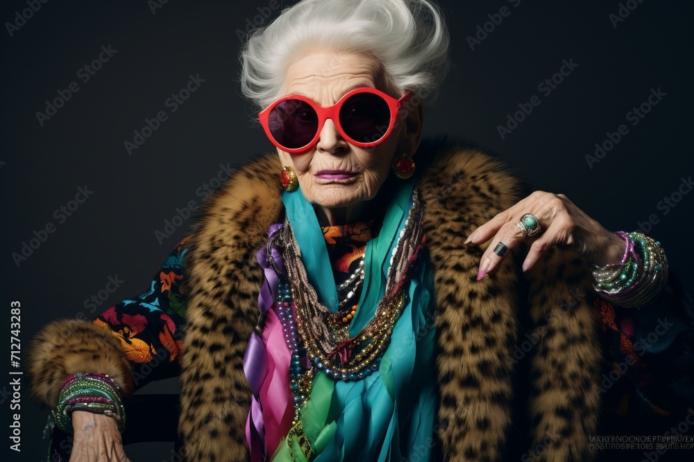 Elegant senior woman in fur coat and sunglasses. Fashion shot.