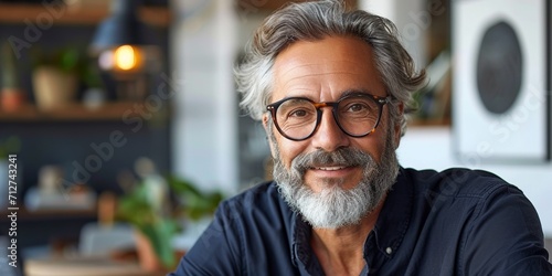 A happy and confident mature businessman with a beard, wearing eyewear