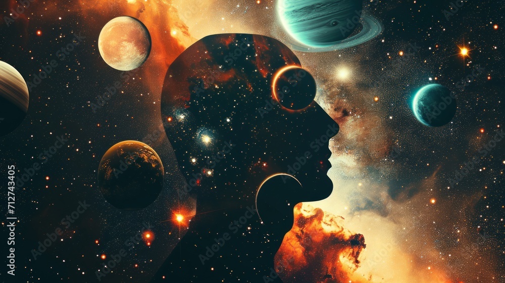 Persons Face Surrounded by Planets and Stars