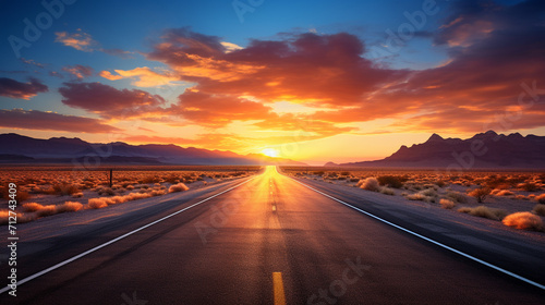 Straight road in desert at sunset , Generate AI